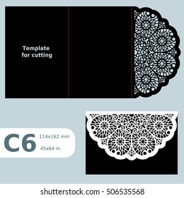 C6 paper openwork greeting card,  wedding invitation, template for cutting, lace invitation, card with fold lines, object isolated background, laser cut template, vector illustration