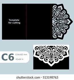 C6 paper openwork greeting card,  wedding invitation, template for cutting, lace invitation, card with fold lines, object isolated background, laser cut template, vector illustration