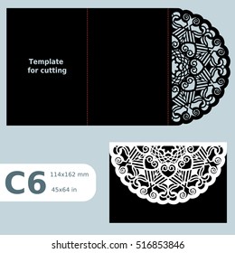 C6 paper openwork greeting card,  wedding invitation, template for cutting, lace invitation, card with fold lines, object isolated background, laser cut template, vector illustration