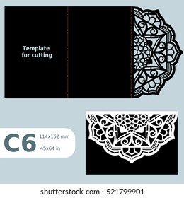 C6 paper openwork greeting card,  wedding invitation, template for cutting, lace invitation, card with fold lines, object isolated background, laser cut template, vector illustration