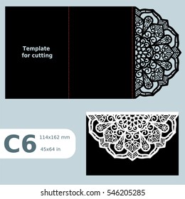 C6 paper openwork greeting card,  wedding invitation, template for cutting, lace invitation, card with fold lines, object isolated background, laser cut template, vector illustration