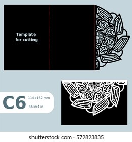 C6 paper openwork greeting card,  wedding invitation, template for cutting, lace invitation, card with fold lines, object isolated background, laser cut template, vector illustration