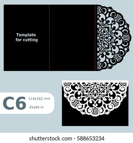 C6 paper openwork greeting card,  wedding invitation, template for cutting, lace invitation, card with fold lines, object isolated background, laser cut template, vector illustration.