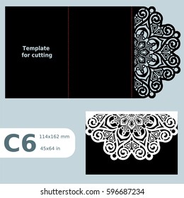 C6 paper openwork greeting card,  wedding invitation, template for cutting, lace invitation, card with fold lines, object isolated background, laser cut template, vector illustration