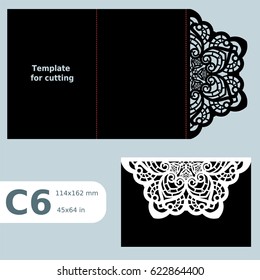 C6 paper openwork greeting card,  wedding invitation, template for cutting, lace invitation, card with fold lines, object isolated background, laser cut template, vector illustration