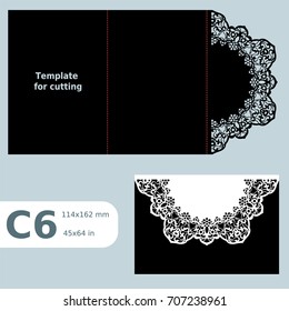 C6 paper openwork greeting card,  wedding invitation,  lace invitation, card with fold lines, object isolated background, laser cut template, vector illustration