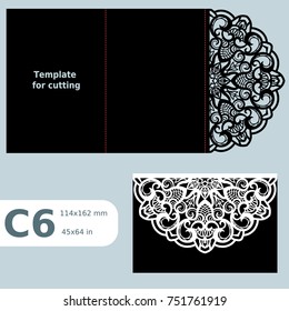 C6 paper openwork greeting card,  wedding invitation,  lace invitation, card with fold lines, object isolated background, laser cut template, vector illustration