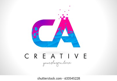 CA C A Letter Logo with Broken Shattered Blue Pink Triangles Texture Design Vector Illustration.