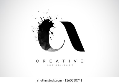 CA C A Letter Logo Design with Black Ink Watercolor Splash Spill Vector Illustration.