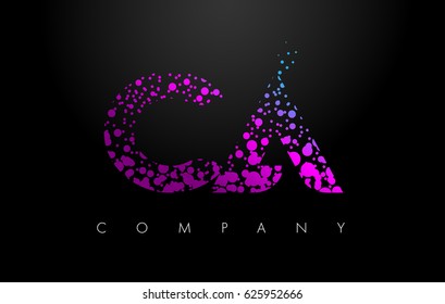 CA C A Letter Logo with Purple Blue Particles and Bubble Dots Design Vector.