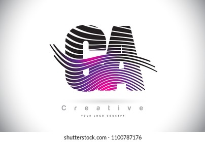 CA C A Zebra Texture Letter Logo Design With Creative Lines and Swosh in Purple Magenta Color Vector.