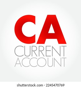 CA Current Account - records the value of exports and imports of both goods and services and international transfers of capital, acronym text concept background