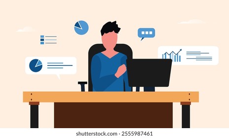 CA, Data Analyst character working in office. Man siting in office with monitor screen on table finance icons: bar charts, pie charts. Workplace, office room of CA, Data analyst. 