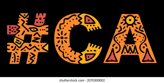 CA Hashtag. Multicolored bright isolate curves doodle letters. Hashtag #CA is abbreviation for the US American California for social network, web resources, mobile apps.