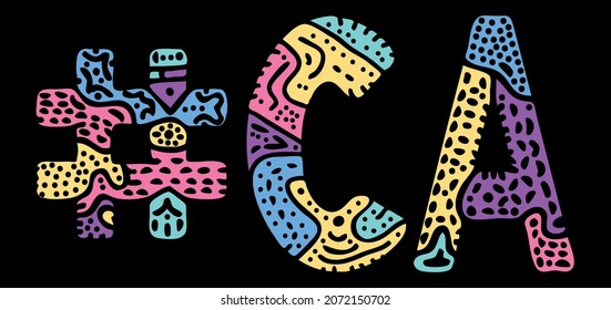 CA Hashtag. Multicolored bright isolate curves doodle letters. Hashtag #CA is abbreviation for the US American state California for social network, web resources, mobile apps.