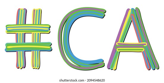 CA Hashtag. Multicolored bright isolate curves doodle letters. Hashtag #CA is abbreviation for the USA state California for social network, web resources, mobile apps.