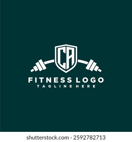CA initial monogram for fitnes or gym logo with creative shield and barbell design