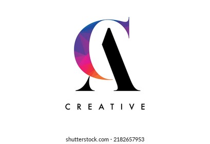 CA Letter Design with Creative Cut and Colorful Rainbow Texture. CA Letter Icon Vector Logo with Serif Font and Minimalist Style.
