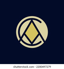 CA monogram logo. Letter a, letter c signature icon. Abstract alphabet initials. Lettering sign isolated on dark fund. Modern design, minimalist style characters. Geometric typography. Circle emblem.