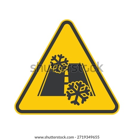 Caaution sign road with snow icon, symbol warning about slippery iced conditions, danger car slipping, caution for winter driving safety.