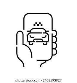 Cab app. Taxi with checkered sign on top. Hand holding smart phone. Pixel perfect icon