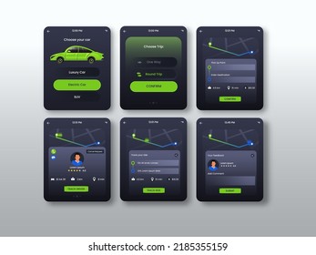 Cab booking app UI, UX screens for smart watches with cab tracking and driver details features.