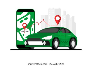 Servicio de Cab car con aplicación de mapas para smartphone, ilustración de marketing digital.