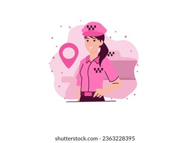 El concepto de taxista con la escena de la gente al estilo de las caricaturas planas. La chica maneja bien, así que decidió trabajar en un servicio de taxi. Ilustración vectorial.