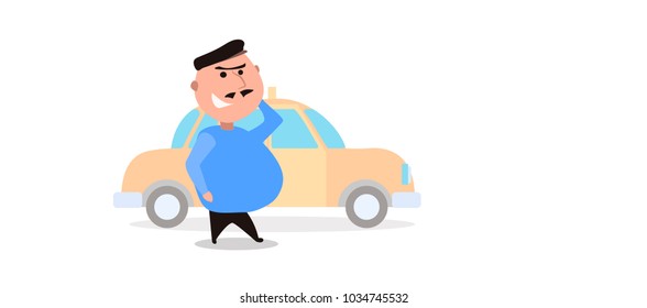 Cab driver with Eastern Appearance, with a Black Moustache in a Cap. The machine is in the background. Vector.

