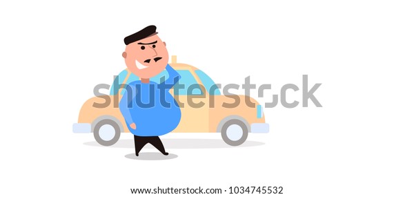 Cab driver\
with Eastern Appearance, with a Black Moustache in a Cap. The\
machine is in the background.\
Vector.\

