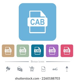 CAB file format white flat icons on color rounded square backgrounds. 6 bonus icons included