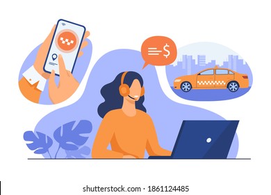 Cab online ordering process. Hands of passenger using taxi service application on cell, dispatcher in headset taking order. For mobile app, taxicab, city transport concept