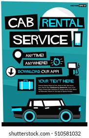 Cab Rental Service Anytime Anywhere Template With Text Box and App Download Details (Flat Style Vector Illustration Poster Design)