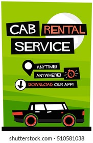 Cab Rental Service Anytime Anywhere Template and App Download Details (Flat Style Vector Illustration Poster Design)