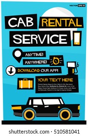 Cab Rental Service Anytime Anywhere Template With Text Box and App Download Details (Flat Style Vector Illustration Poster Design)