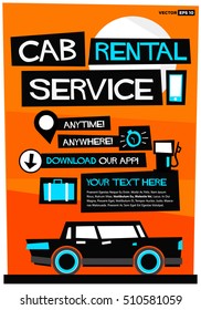 Cab Rental Service Anytime Anywhere Template With Text Box and App Download Details (Flat Style Vector Illustration Poster Design)