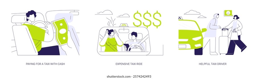 Cab service abstract concept vector illustration set. Paying for a taxi with cash, expensive ride, helpful cab driver loading baggage of passenger, commercial city transport abstract metaphor.