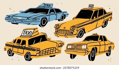 Cab, Taxi set. Various cars or vehicles. Different types of cars. Automobile, motor transport, passenger transportation concept. Hand drawn trendy Vector illustration. Every car is isolated