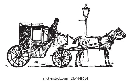 Cab is a type of vehicle for hire with a driver used by a single passenger or small group of passengers, vintage line drawing or engraving illustration.