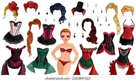 Cabaret Paper Doll with Cute Cartoon Character, Outfits, Hairstyles and Earrings. Vector Illustration