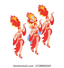 Composición del espectáculo de cabaret con grupo de mujeres bailarinas con colorido vestido cancés exótico y plumas ilustración vectorial isométrica