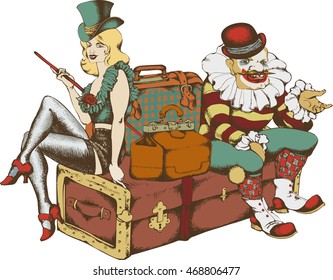 Cabaret singer and clown with suitcases, vector illustration in vintage style