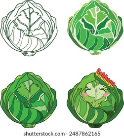 cabbage in a 4 different style from outline, color and a character.