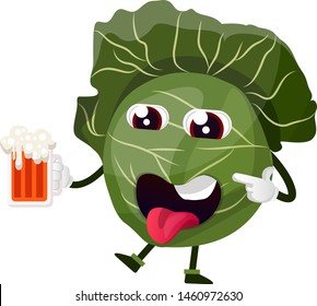 Cabbage with a beer glass, illustration, vector on white background.