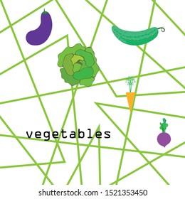 Cabbage, beet, carrot, eggplant, cucumber, fresh vegetables. Organic food poster. Farmer market design. Vector background