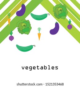 Cabbage, beet, carrot, eggplant, cucumber, fresh vegetables. Organic food poster. Farmer market design. Vector background