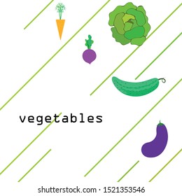 Cabbage, beet, carrot, eggplant, cucumber, fresh vegetables. Organic food poster. Farmer market design. Vector background