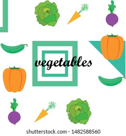 Cabbage, beet, carrot, pepper, cucumber, fresh vegetables. Organic food poster. Farmer market design. Vector background.