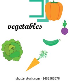Cabbage, beet, carrot, pepper, cucumber, fresh vegetables. Organic food poster. Farmer market design. Vector background.