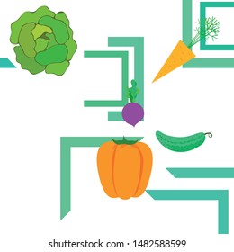 Cabbage, beet, carrot, pepper, cucumber, fresh vegetables. Organic food poster. Farmer market design. Vector background.